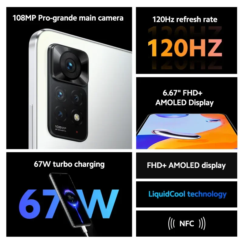 Global Rom Xiaomi Redmi Note 11 Pro 8GB 256GB MTK Helio G96 Octa Core 108MP Camera 120Hz Display NFC 5G Smartphone