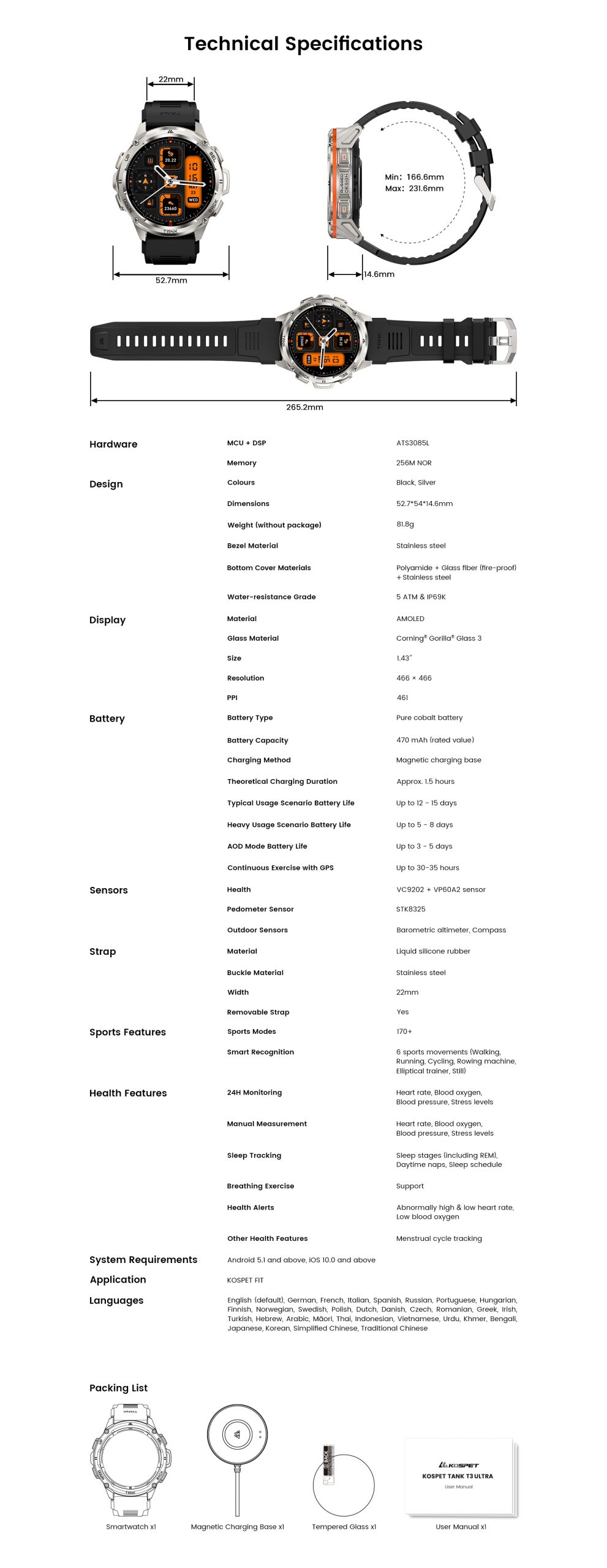 Original KOSPET TANK T3 Ultra Smart Watches For Men GPS Smartwatch Women 470mAh Electronic Fitness AMOLED AOD Bluetooth Watches