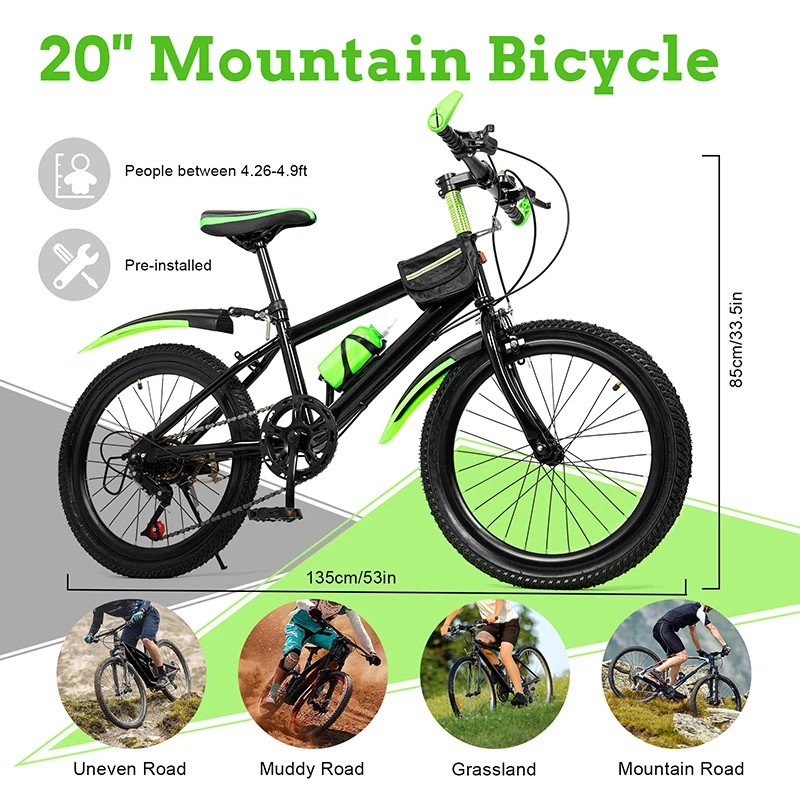 Child 7 Speed Bicycle 20″ High Carbon Steel Kids Bike w/ Double Disc Brake Children High-Quality City Bike