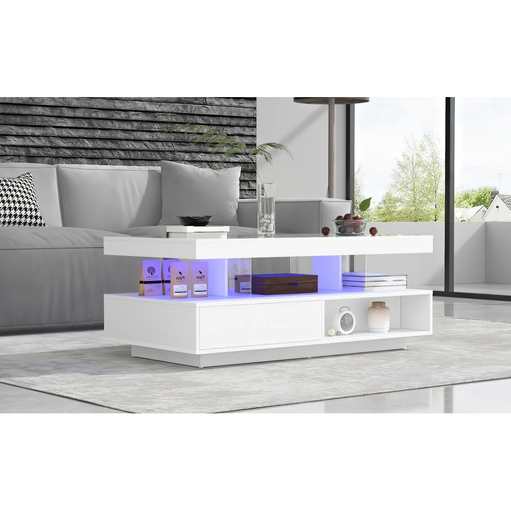 Led Coffee Table with 2 Drawer Storage High Gloss Open Storage Space Centre Table with 16-Color Led Lights,End Table for Home