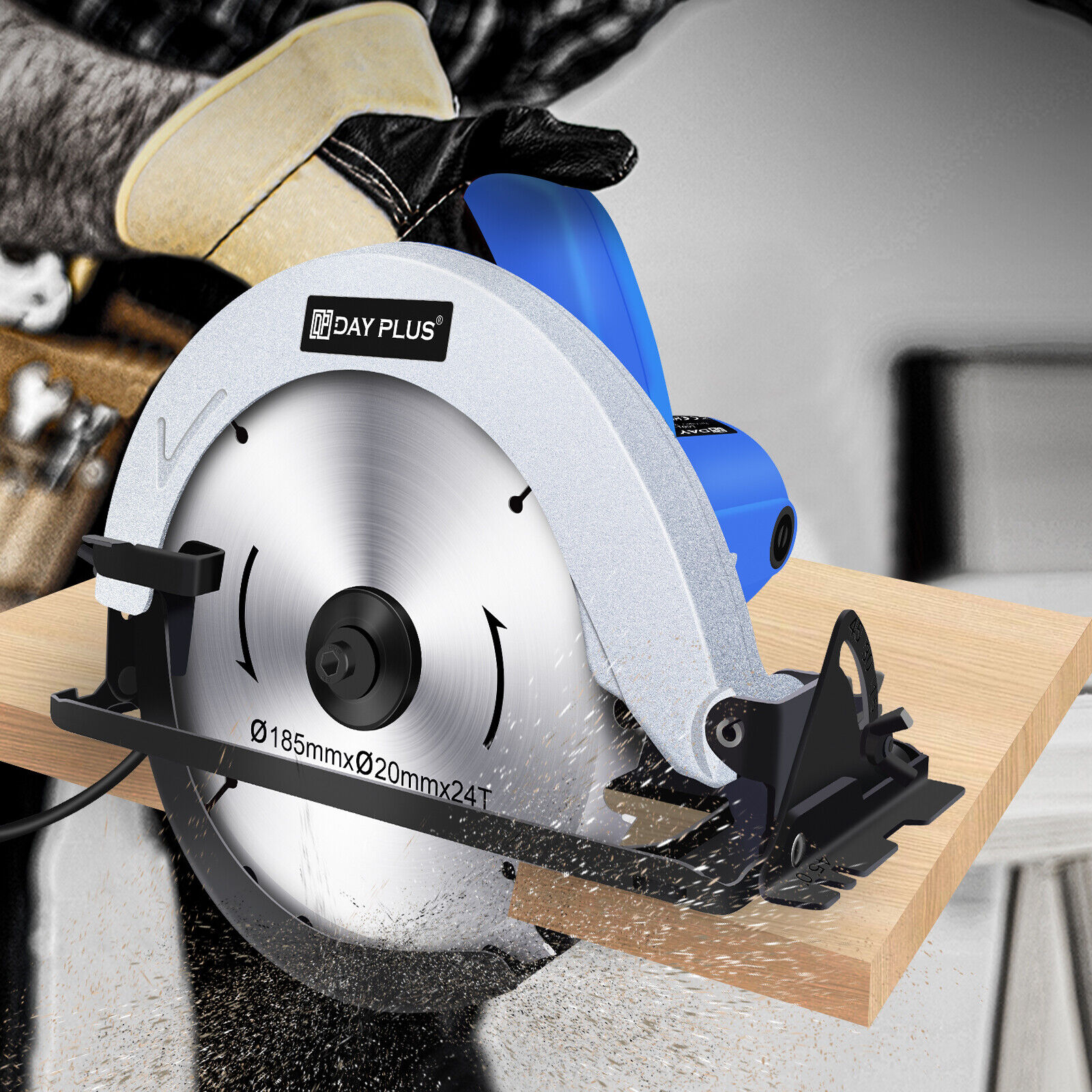 DayPlus Circular Saw, 1500W 5000RPM Electric Power Circular Saw with Laser Guide,0 to 45° Bevel Angle, 180mm Saw Blade,55mm