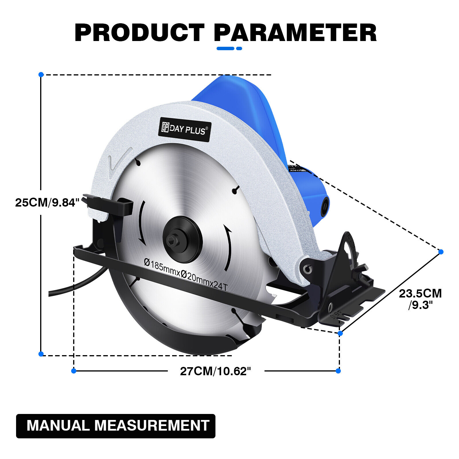 DayPlus Circular Saw, 1500W 5000RPM Electric Power Circular Saw with Laser Guide,0 to 45° Bevel Angle, 180mm Saw Blade,55mm