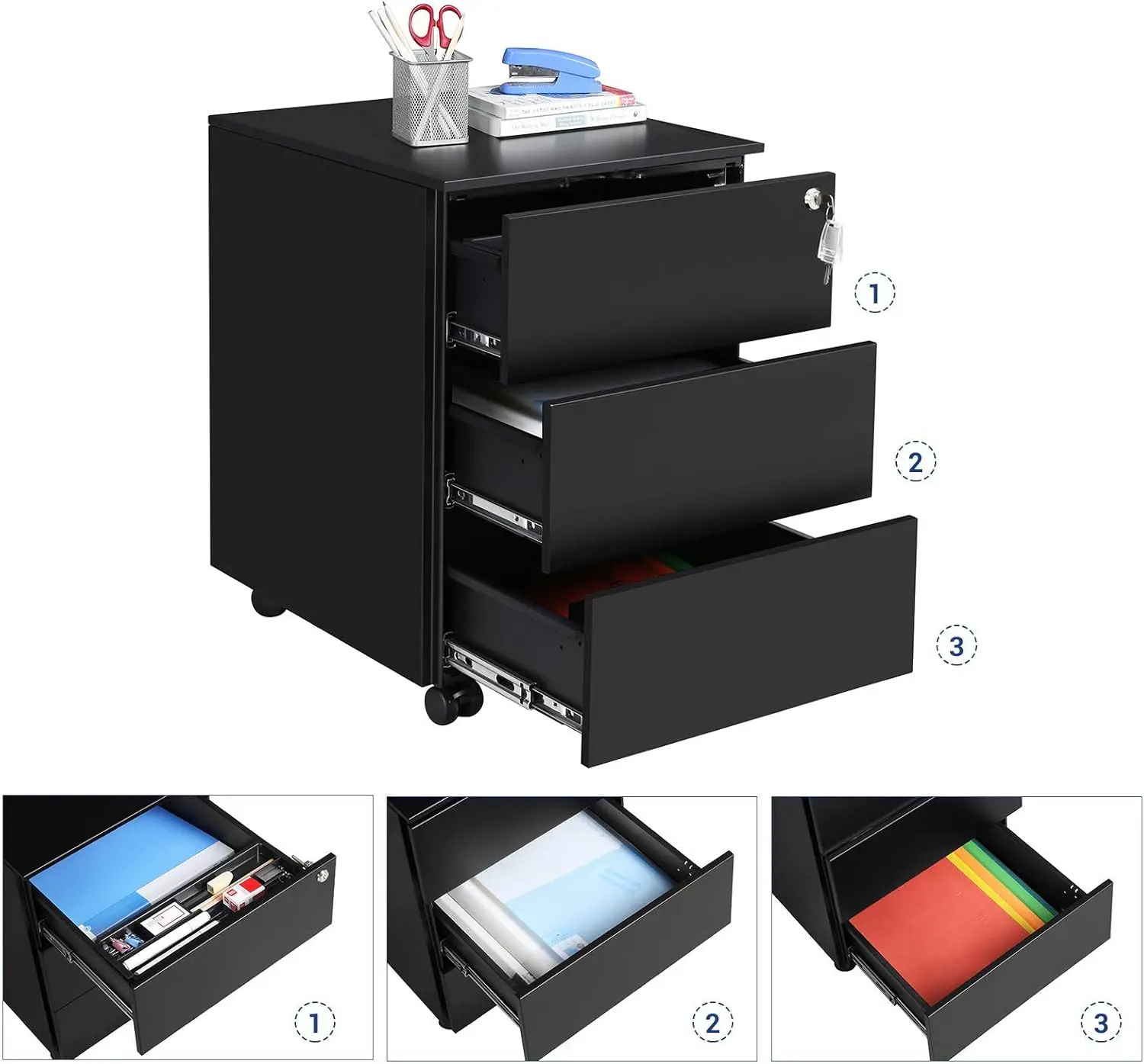 SONGMICS Mobile File Cabinet, Lockable, with 3 Drawers, Hold Documents, Stationery, Pre-Assembled, for Office, Home Office