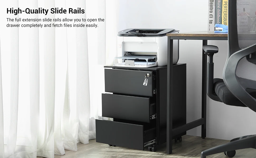 SONGMICS Mobile File Cabinet, Lockable, with 3 Drawers, Hold Documents, Stationery, Pre-Assembled, for Office, Home Office