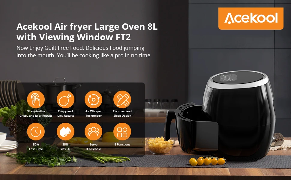 Air Fryer, 8QT Airfryer Oven with Viewing Window Oilless Cooker with Digital Display 8 Cooking Presets Dishwasher Safe black