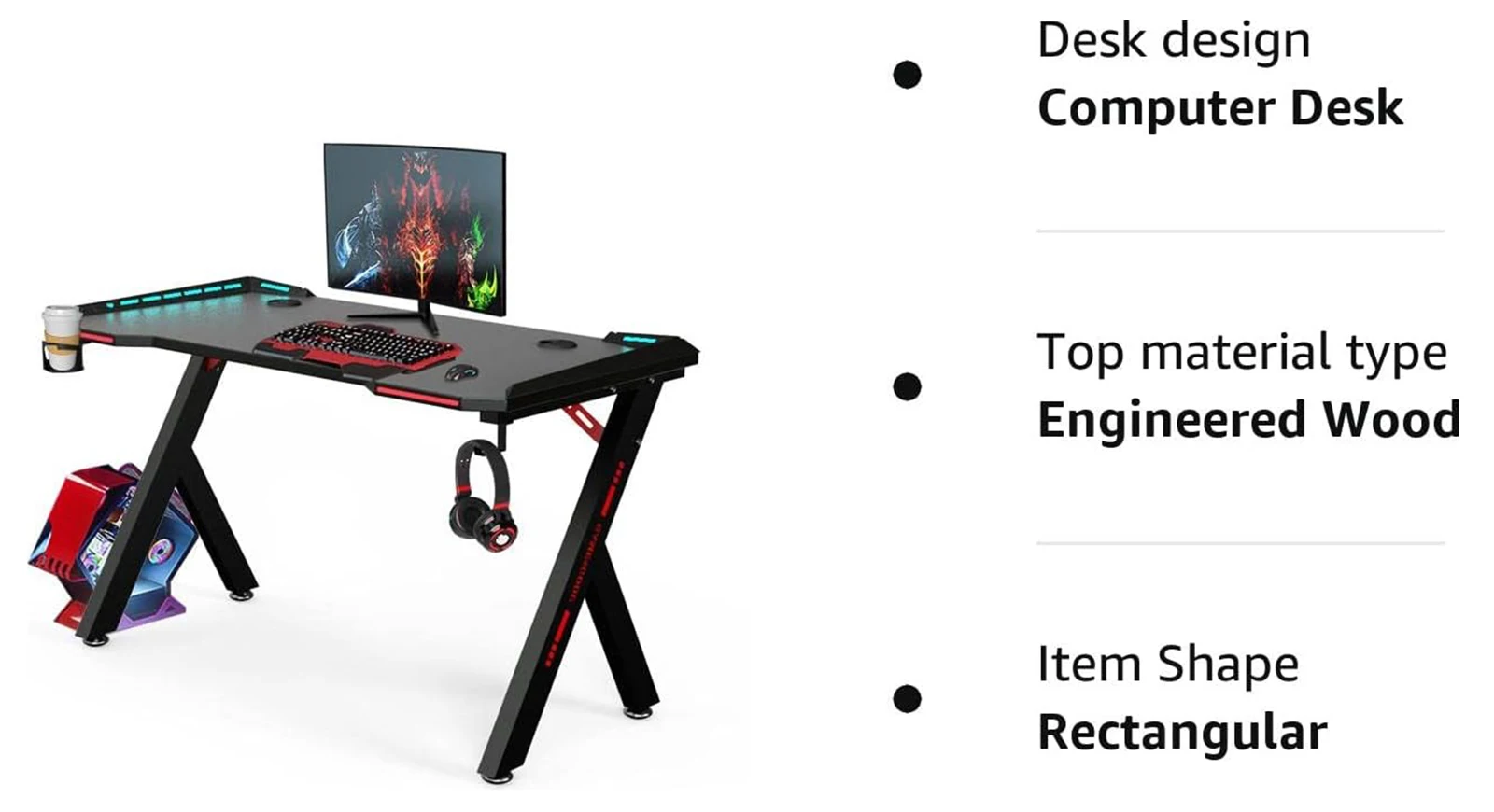 Gaming Desk RGB Lighting Home Office Desk Ergonomic Gamer Workstation, Carbon Fibre Surface, Cup Holder and Headphone Hook