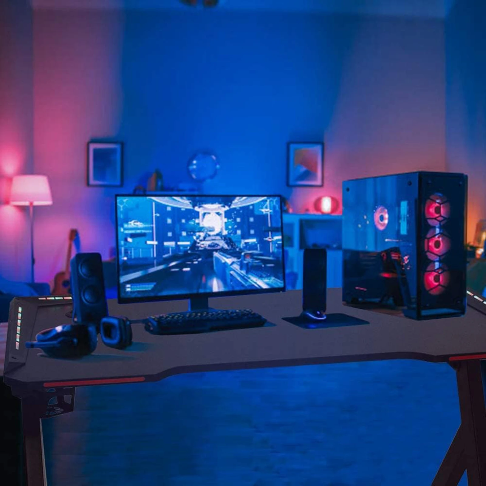 Gaming Desk RGB Lighting Home Office Desk Ergonomic Gamer Workstation, Carbon Fibre Surface, Cup Holder and Headphone Hook