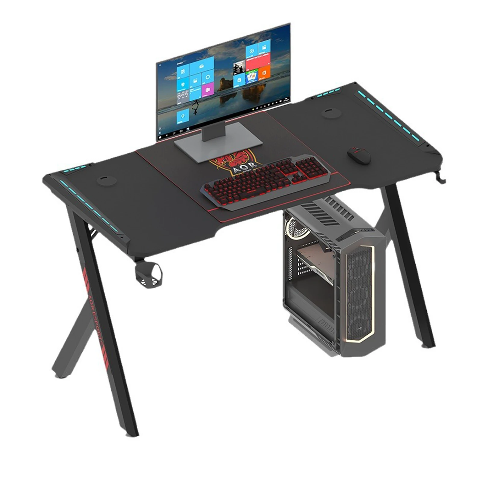 Gaming Desk RGB Lighting Home Office Desk Ergonomic Gamer Workstation, Carbon Fibre Surface, Cup Holder and Headphone Hook