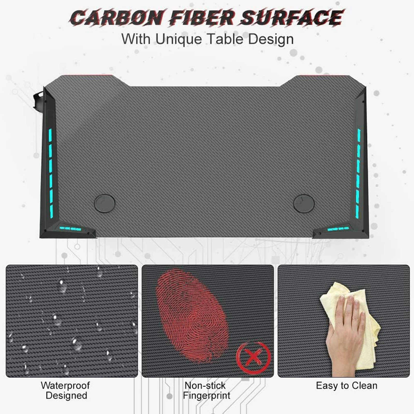 Gaming Desk RGB Lighting Home Office Desk Ergonomic Gamer Workstation, Carbon Fibre Surface, Cup Holder and Headphone Hook