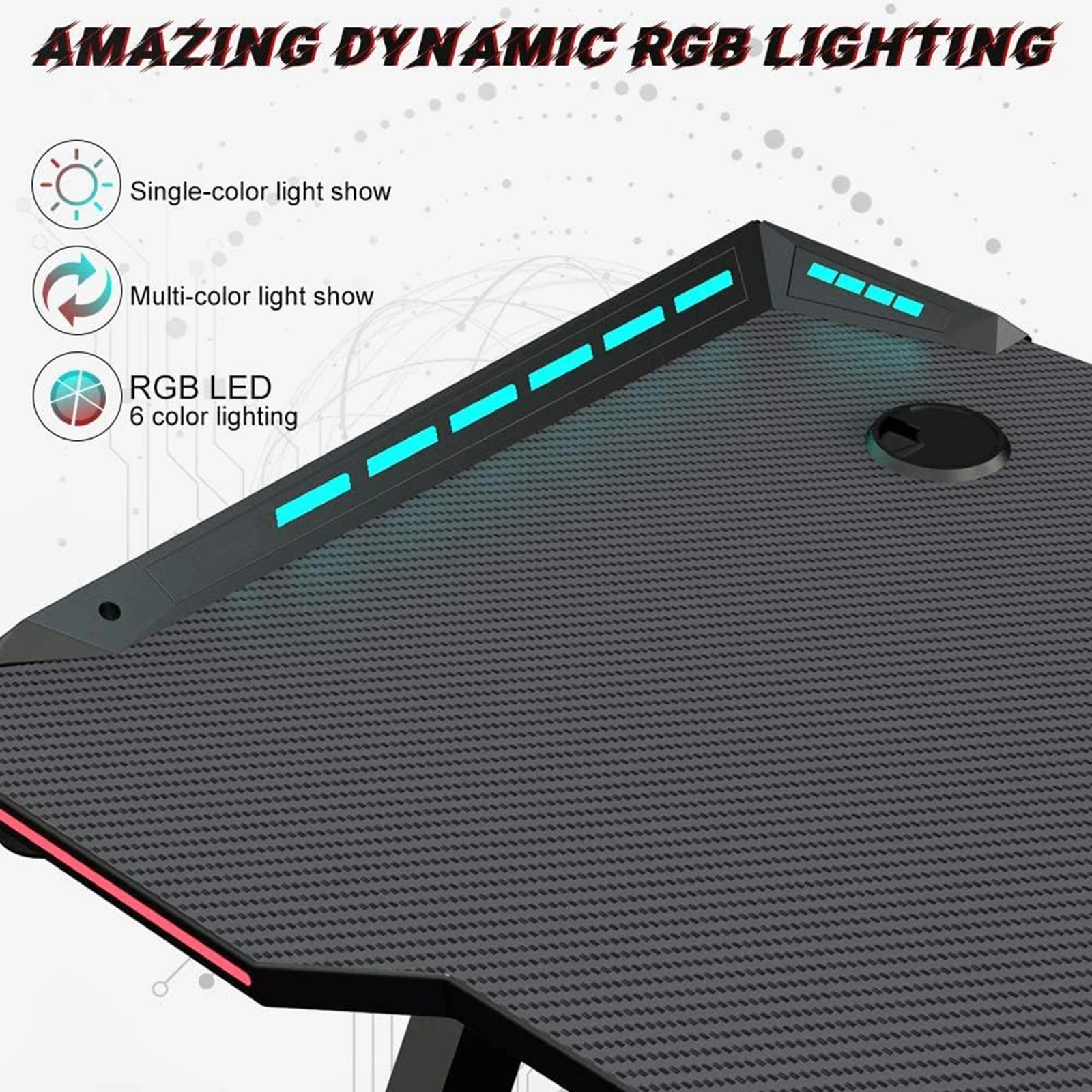 Gaming Desk RGB Lighting Home Office Desk Ergonomic Gamer Workstation, Carbon Fibre Surface, Cup Holder and Headphone Hook