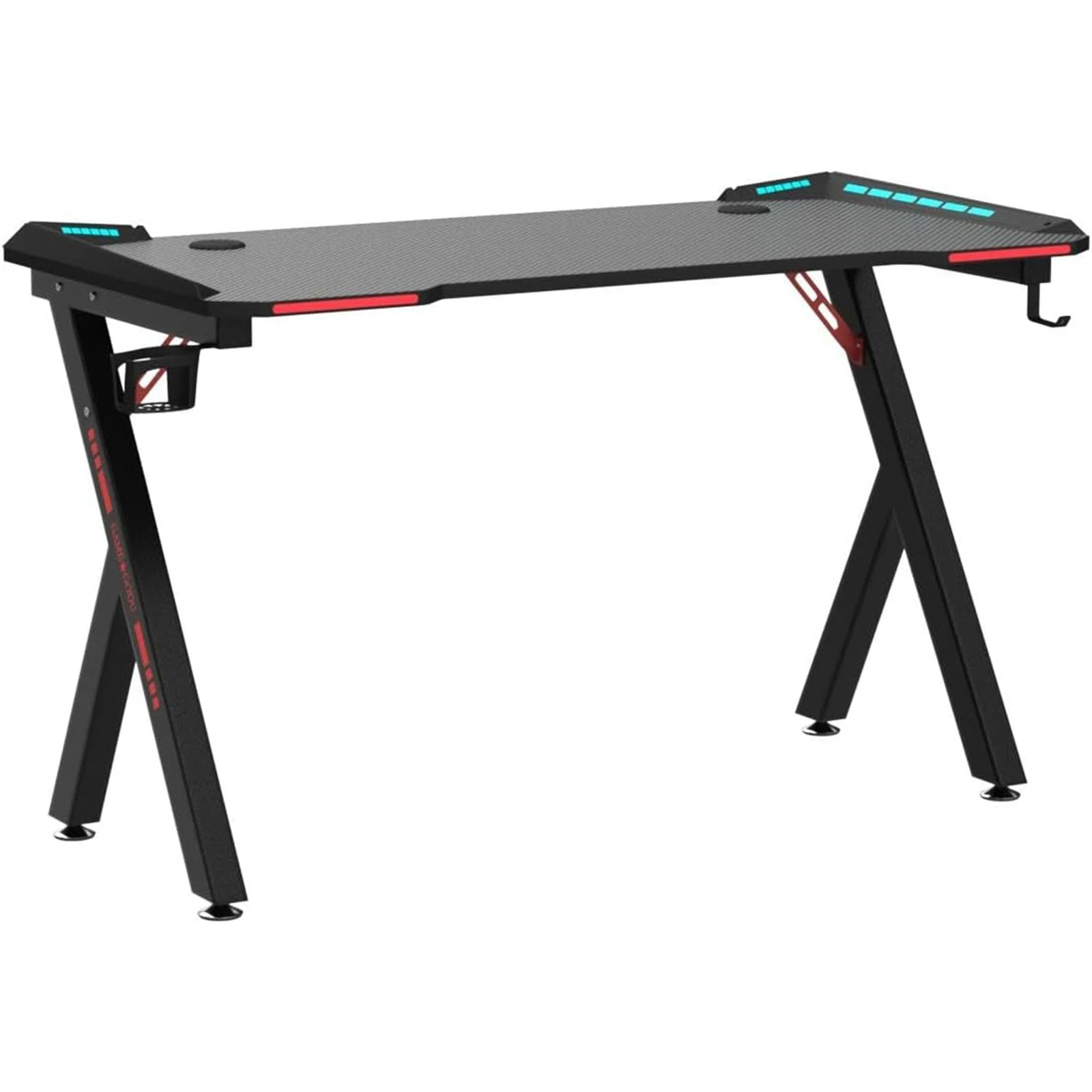 Gaming Desk RGB Lighting Home Office Desk Ergonomic Gamer Workstation, Carbon Fibre Surface, Cup Holder and Headphone Hook